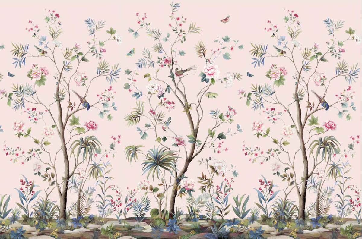 Floral Design Pink Chinoiseries wallpaper in your room — zoomed