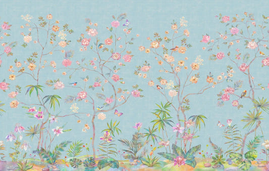 Trendy Blue Chinoiserie Floral Wallpaper Murals