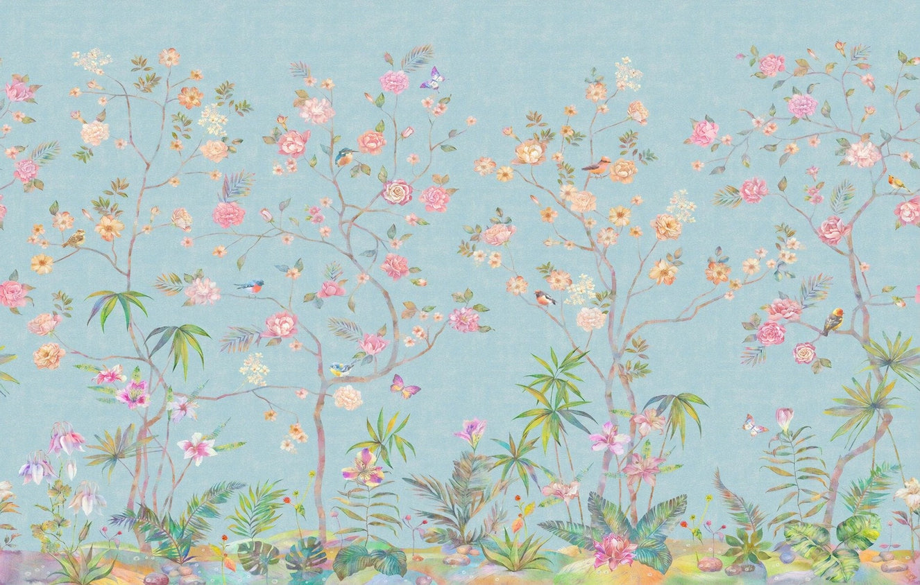 Trendy Blue Chinoiserie Floral Wallpaper Murals