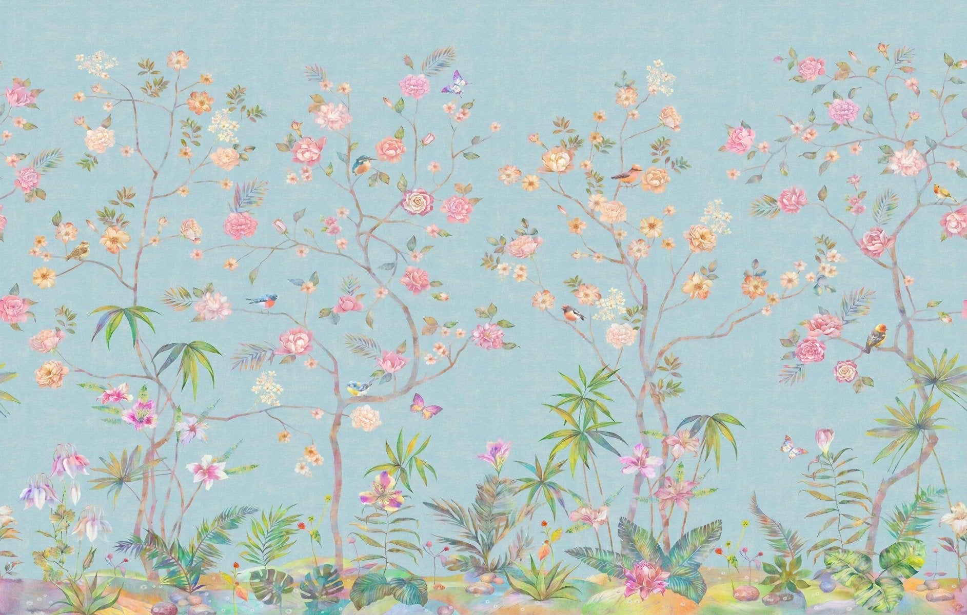 Trendy Blue Chinoiserie Floral Wallpaper Murals