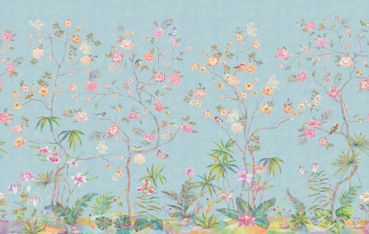 Trendy Blue Chinoiserie Floral Wallpaper Murals