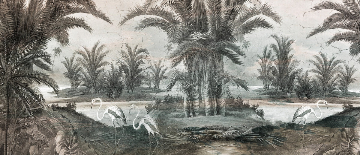 Lakeside view with Crane Bird Wallpaper in your room — zoomed
