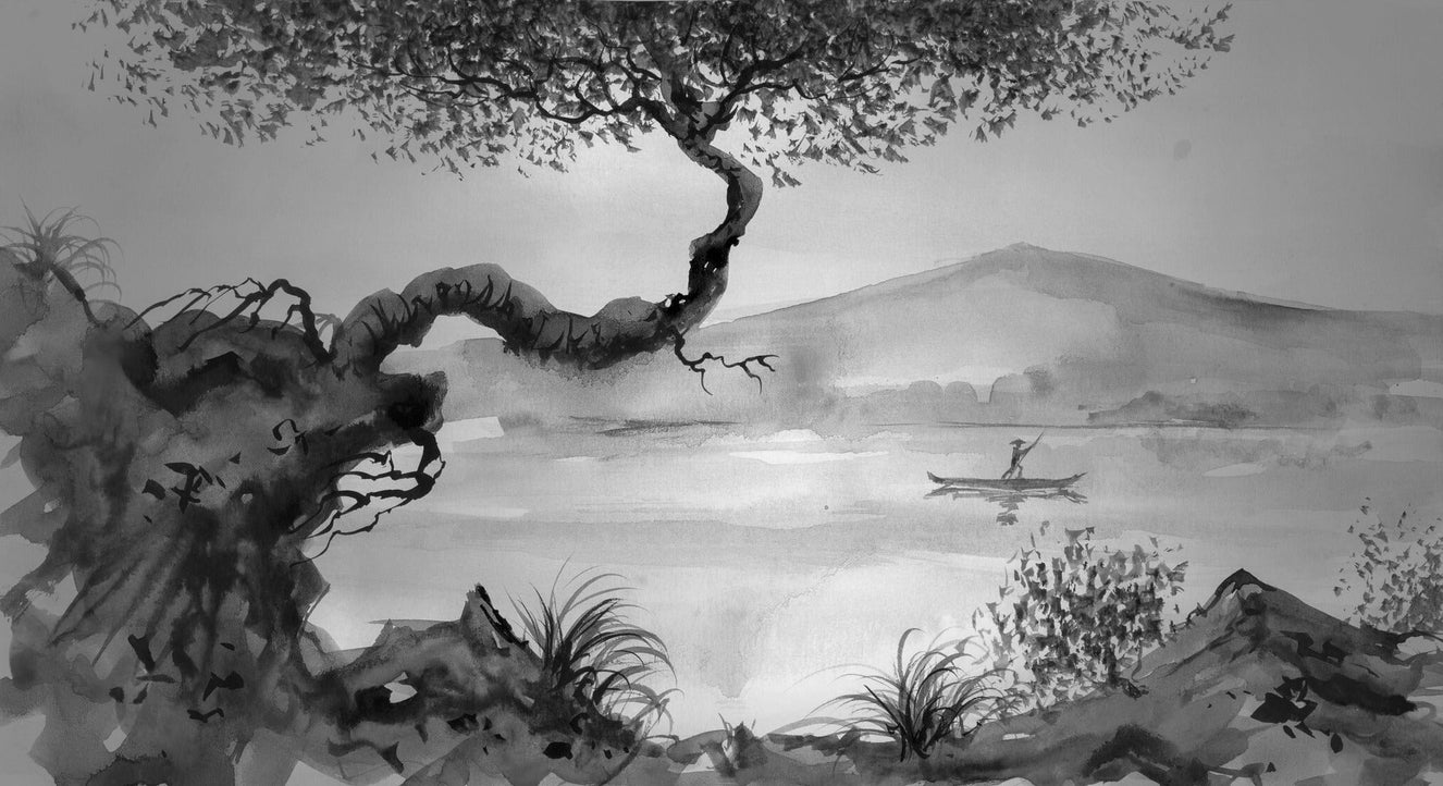 Lake View Watercolour Gray Wallpaper Mural