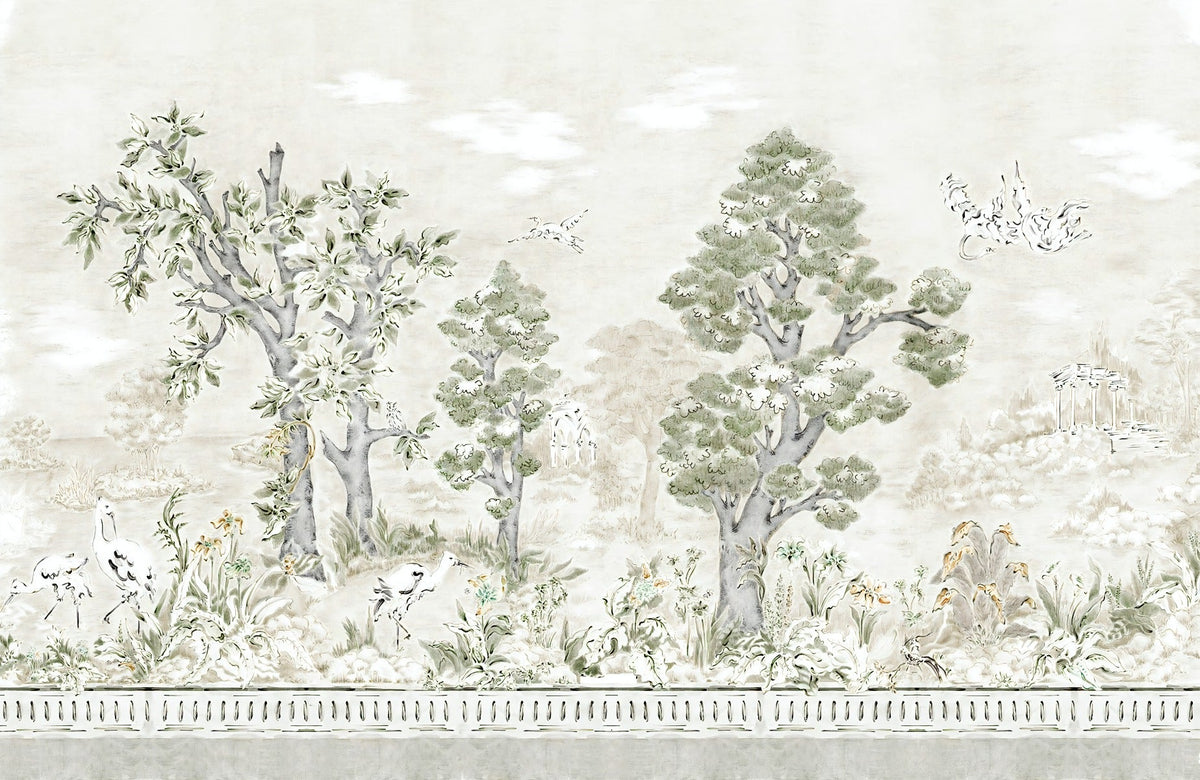 Green Watercolor Serene Tree Wallpaper in your room — zoomed