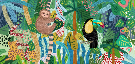Monkey & Toucan with Leopard Abstract design Wallpaper Murals