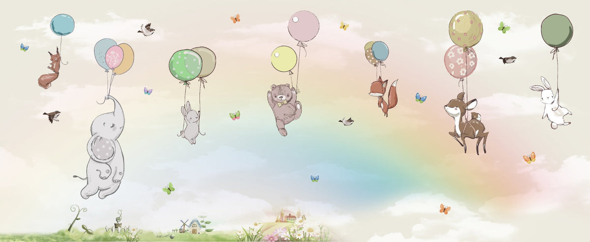 Flying Animals With Balloons Kids Room Wallpaper Mural in your room — zoomed