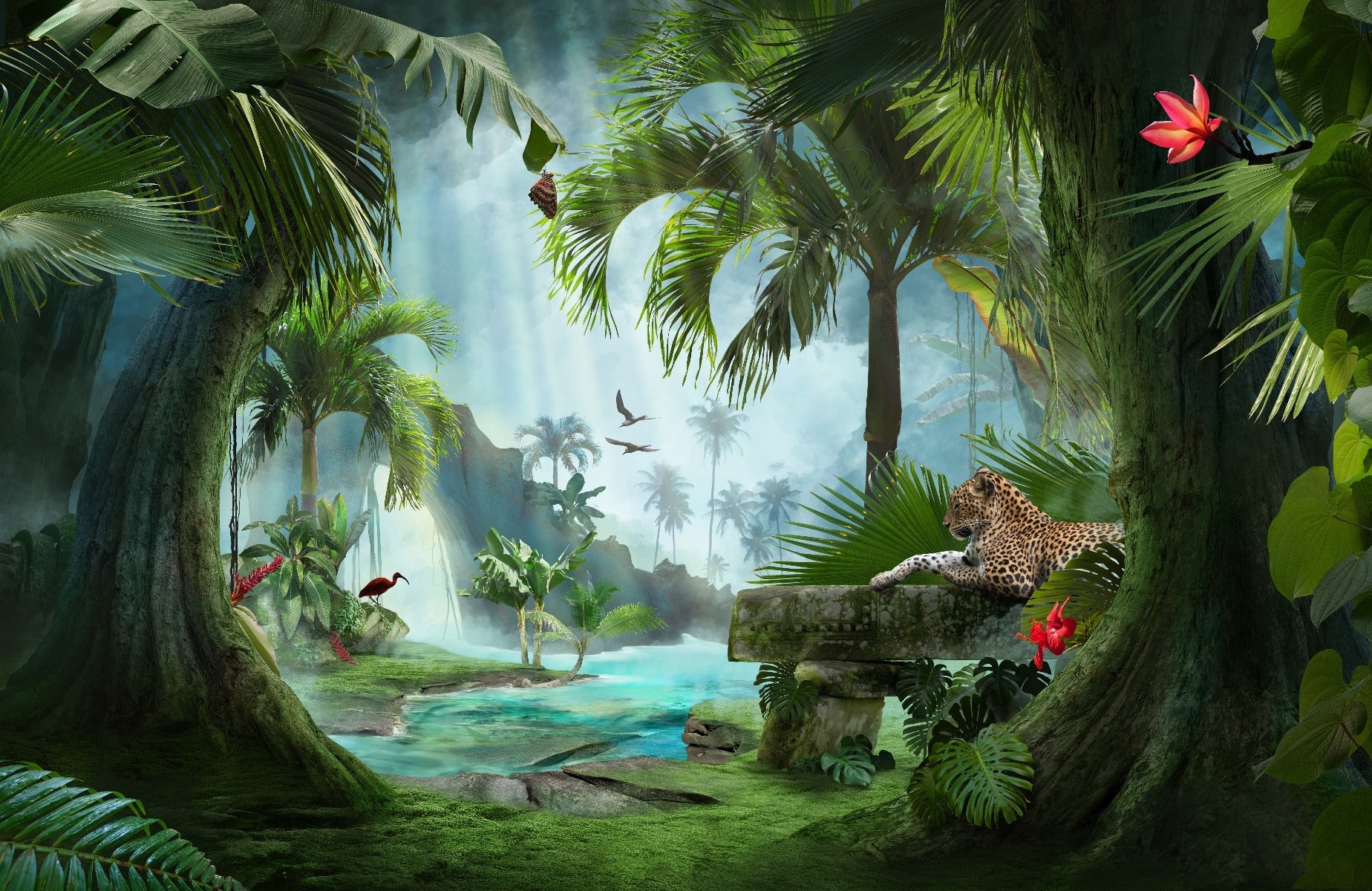 Forest Lagoon with a panther wallpaper mural