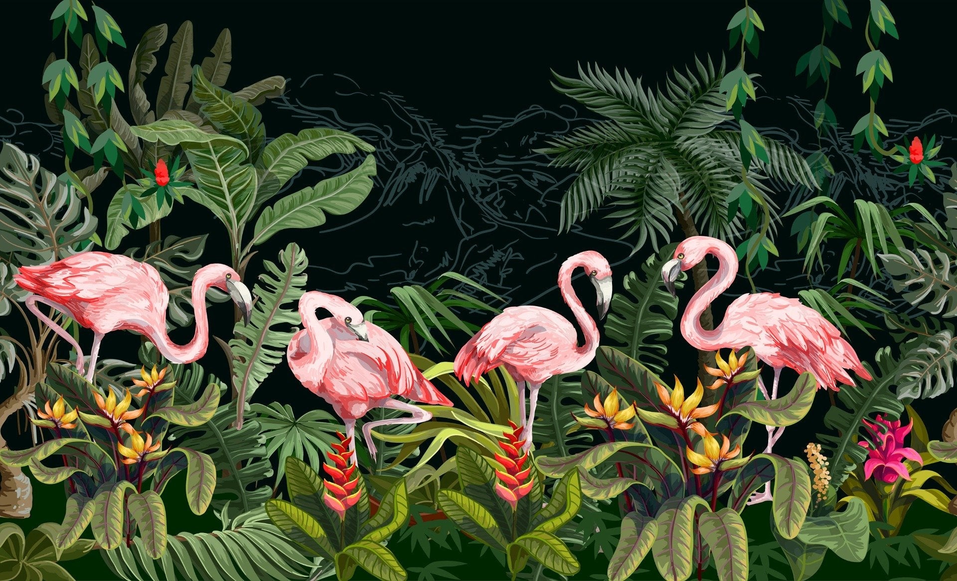 Flamingos in Dark forest wallpaper mural