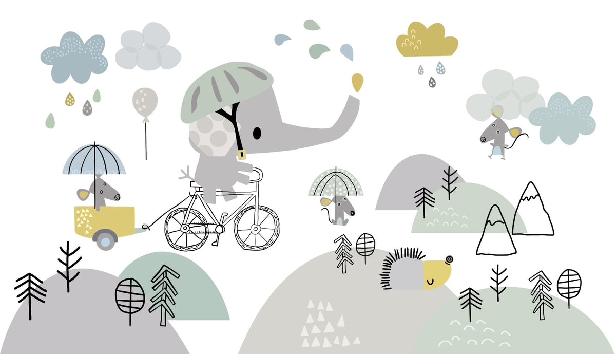 Elephant on bicycle wallpaper mural in your room — zoomed