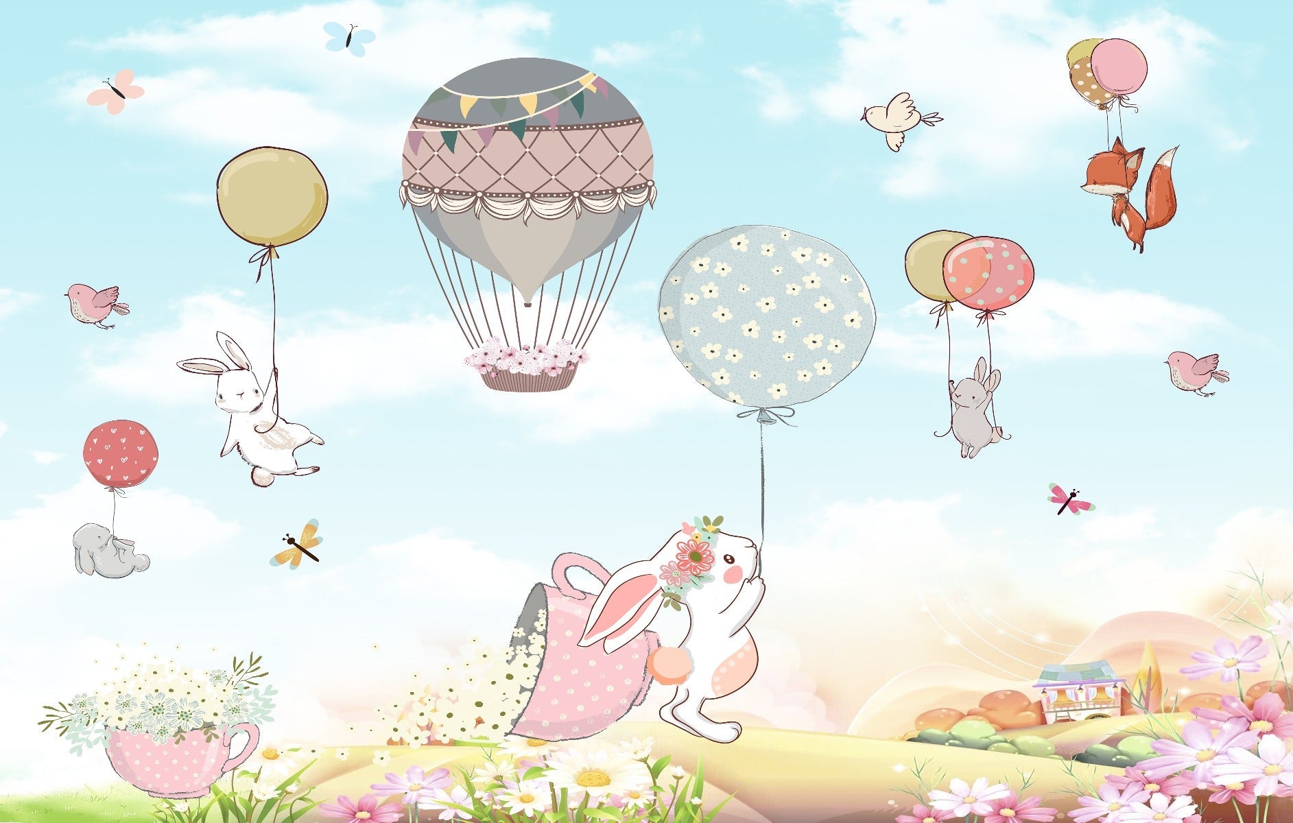 Plush bunnies wallpaper mural