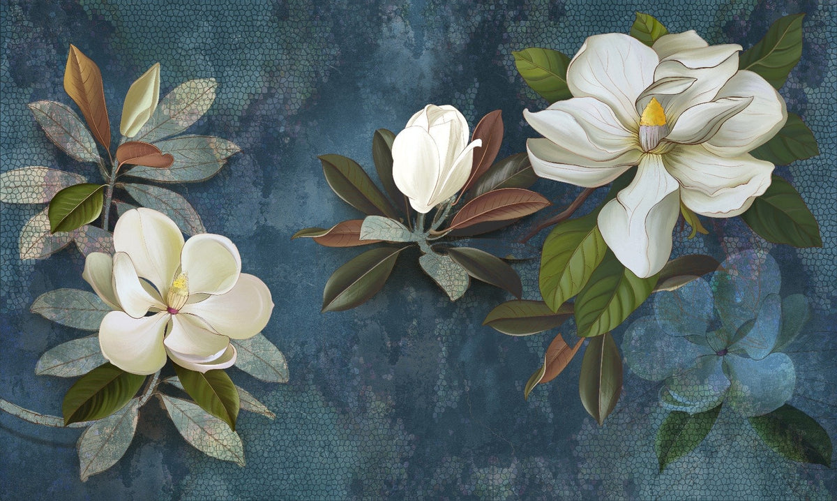 Blue Magnolia Flower Wallpaper Mural in your room — zoomed