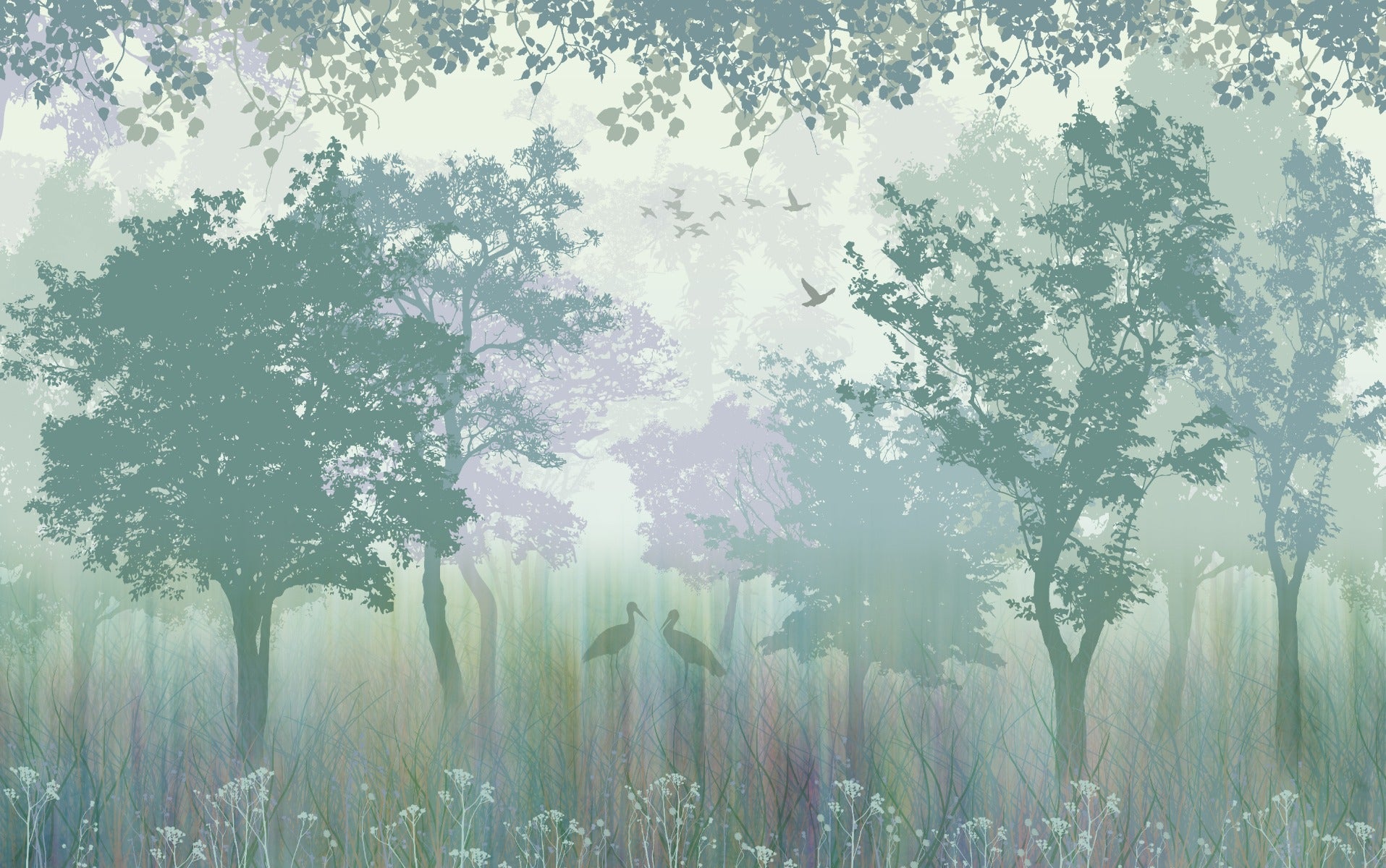 Forest Green Wallpaper with Serene Herons in your room — zoomed