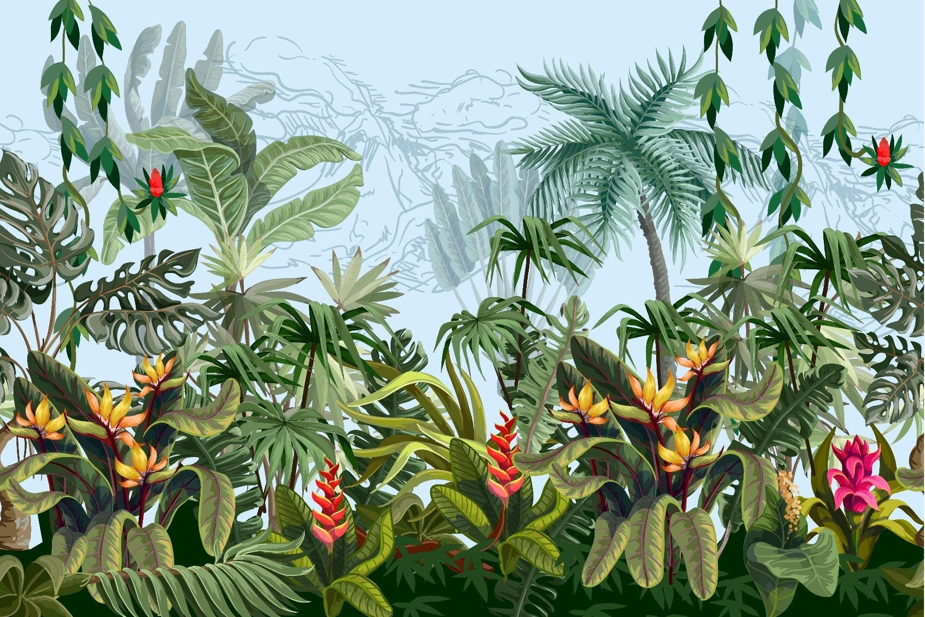 Daytime Colorful Tropical Jungle Design Wallpaper Murals