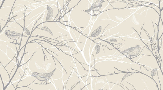 Beige Color Birds and Gray Leaves Wallpaper Murals