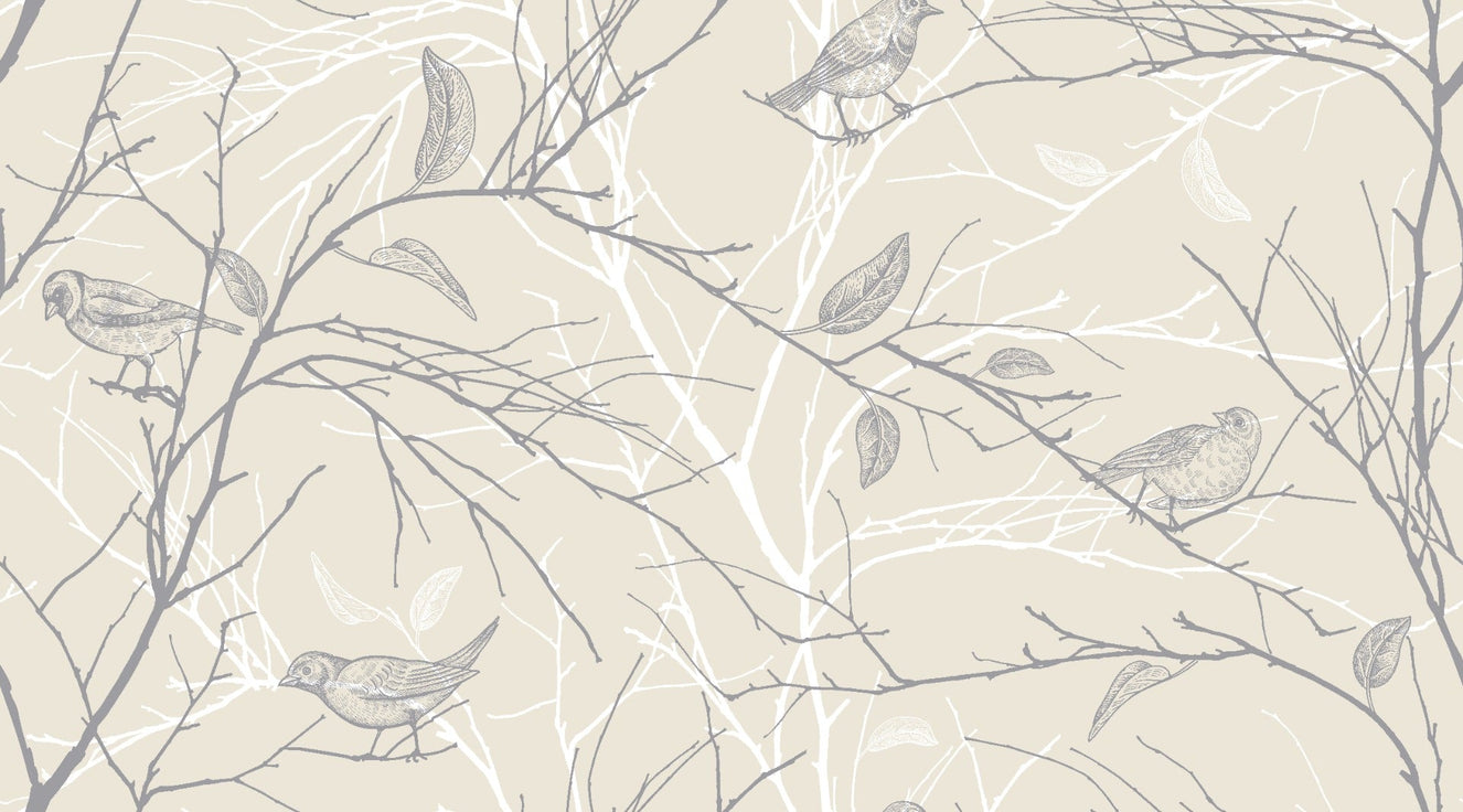 Beige Color Birds and Gray Leaves Wallpaper Murals