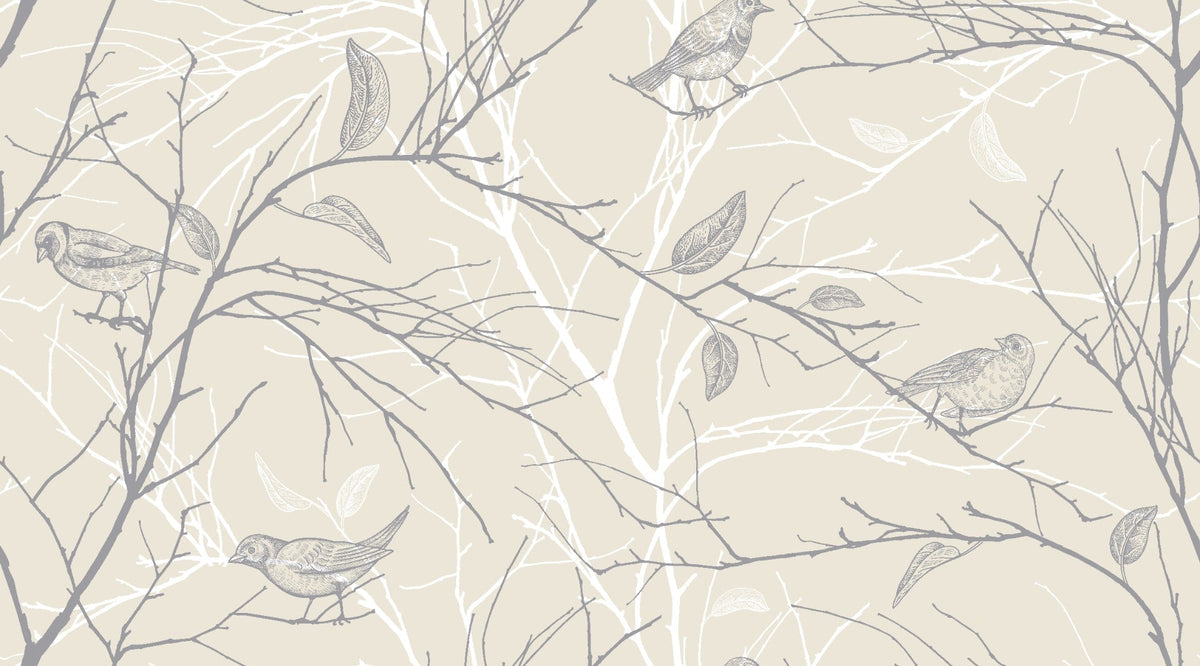 Beige Color Birds and Gray Leaves Wallpaper Murals