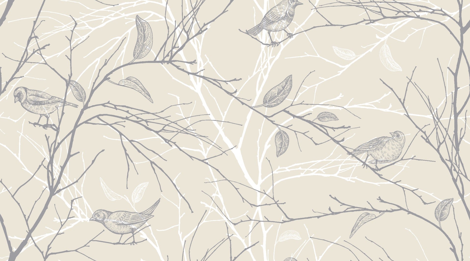 Beige Color Birds and Gray Leaves Wallpaper Murals