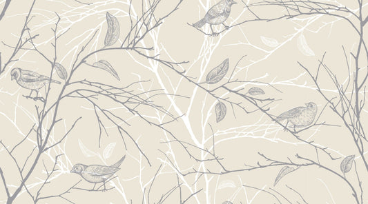 Beige Color Birds and Gray Leaves Wallpaper Murals