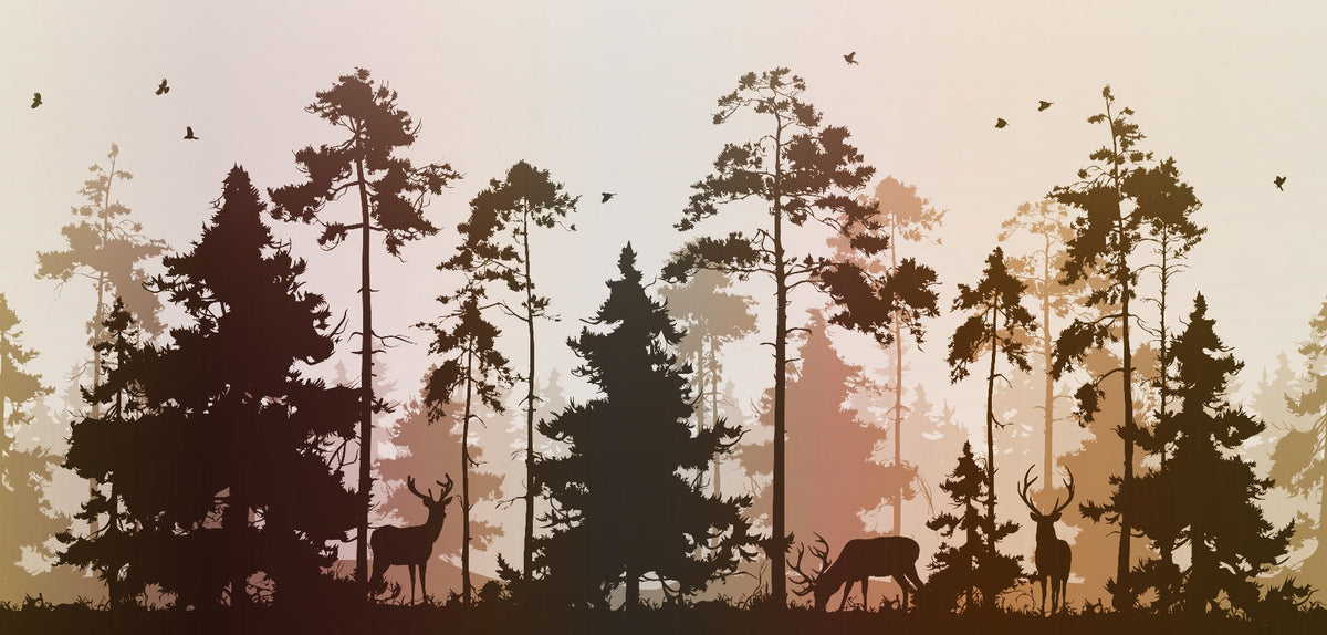 Pine Forest Deer and Birds Nature Wallpaper Mural