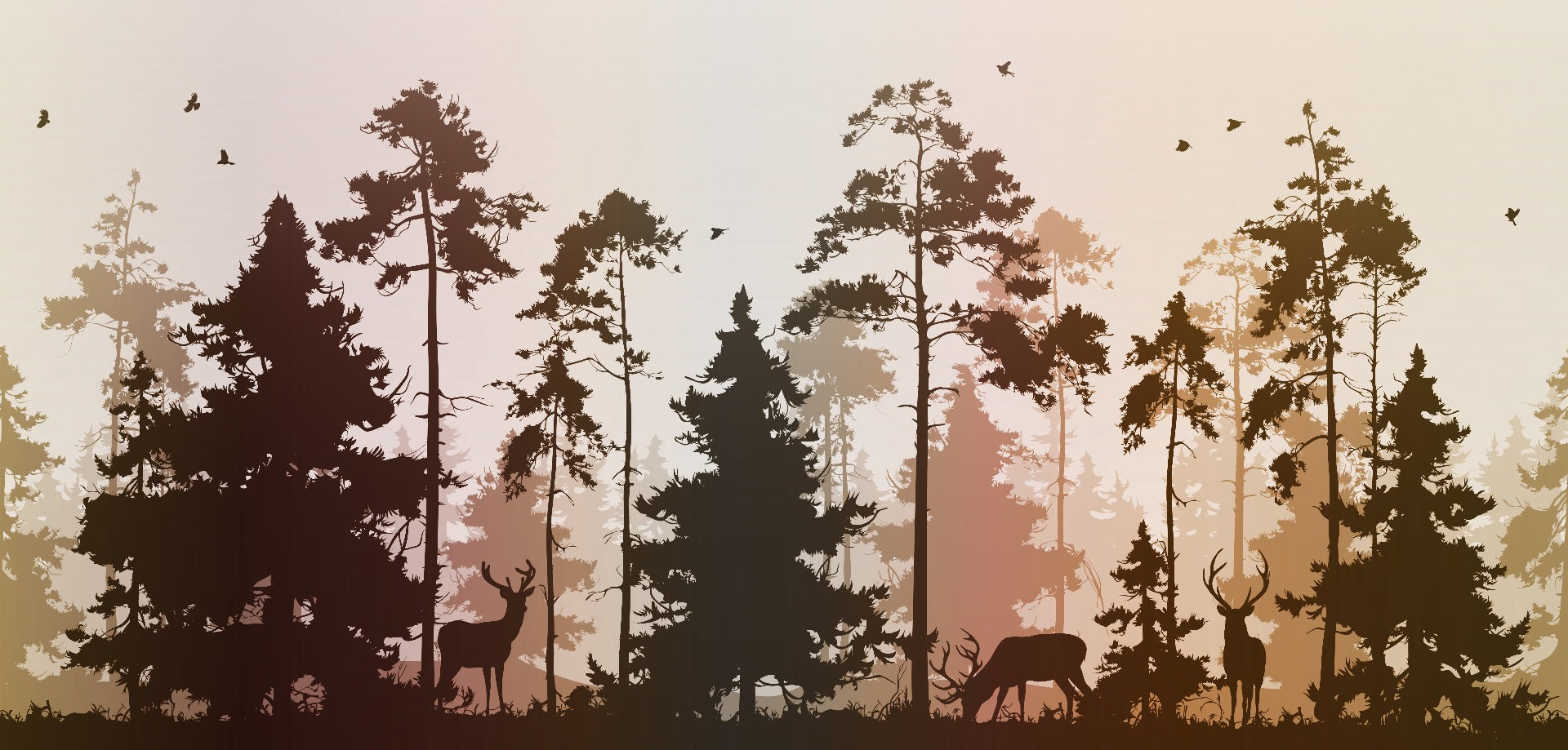 Pine Forest Deer and Birds Nature Wallpaper Mural in your room — zoomed
