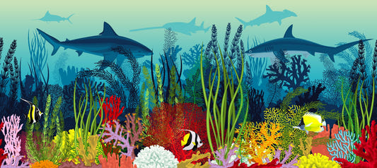 Underwater Shark Coral Reef Ocean Scene Kids Room Wallpaper
