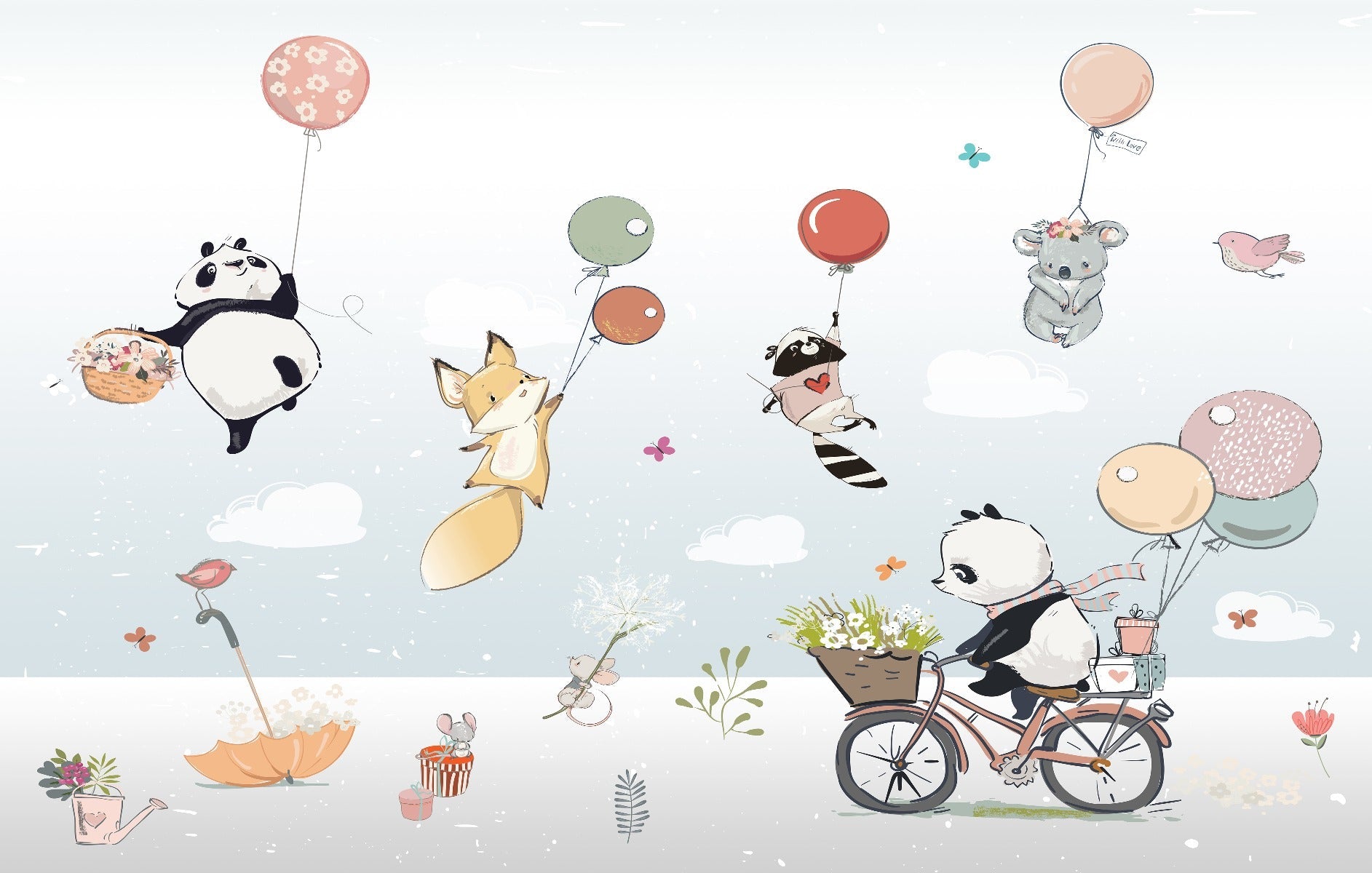 Flying Cute Cartoon Animals With Colorful Balloons Wallpaper