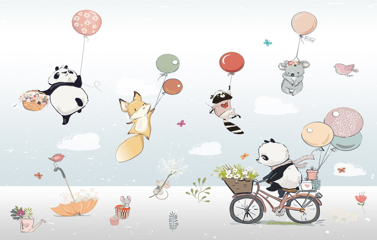 Flying Cute Cartoon Animals With Colorful Balloons Wallpaper in your room — zoomed
