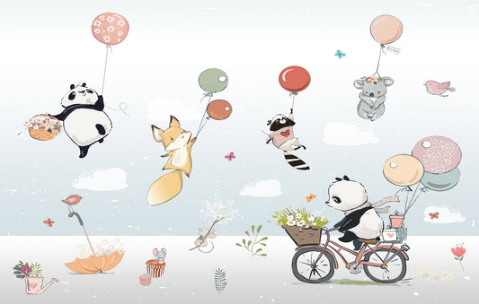 Flying Cute Cartoon Animals With Colorful Balloons Wallpaper