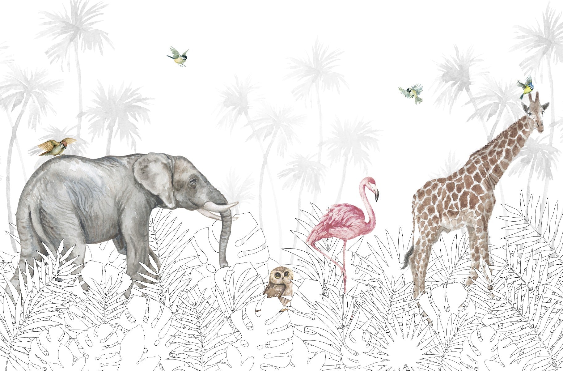 Watercolor Forest Animal White Wallpaper Mural