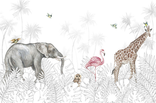 Watercolor Forest Animal White Wallpaper Mural
