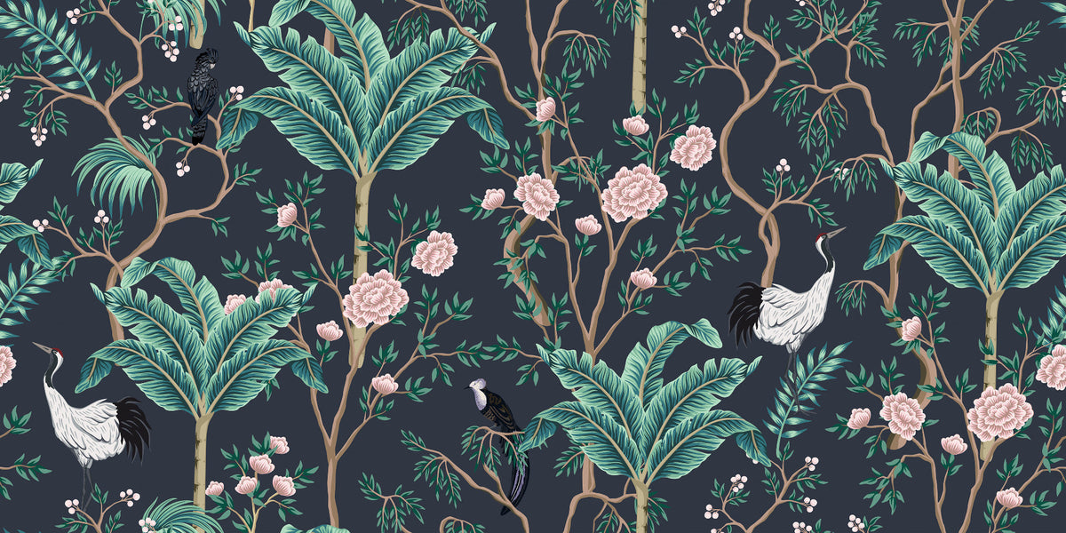 Green Leaves and Pink Floral Wallpaper Mural