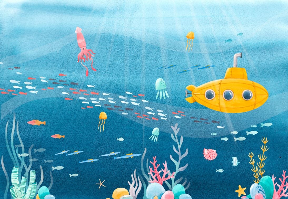 Watercolor Underwater Sea Life Wallpaper in your room — zoomed