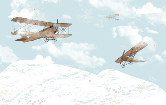 Biplane in the Sky Kids Room Wallpaper