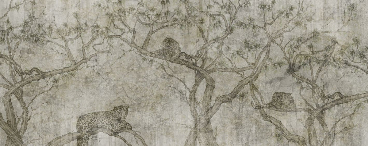 Leopard on Tree Vintage Wall Wallpaper in your room — zoomed