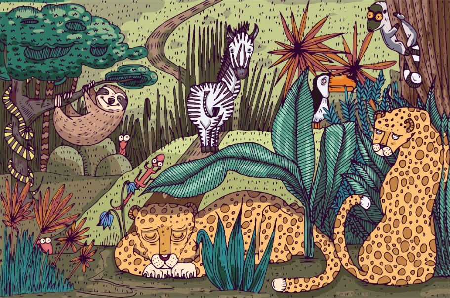 Jungle Animals Colorful Wallpaper Wall