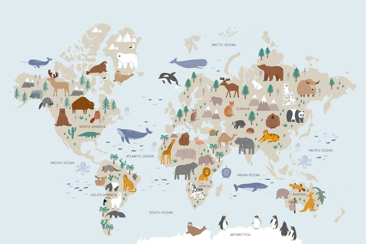 Animals Safari Kids Map Wallpaper in your room — zoomed
