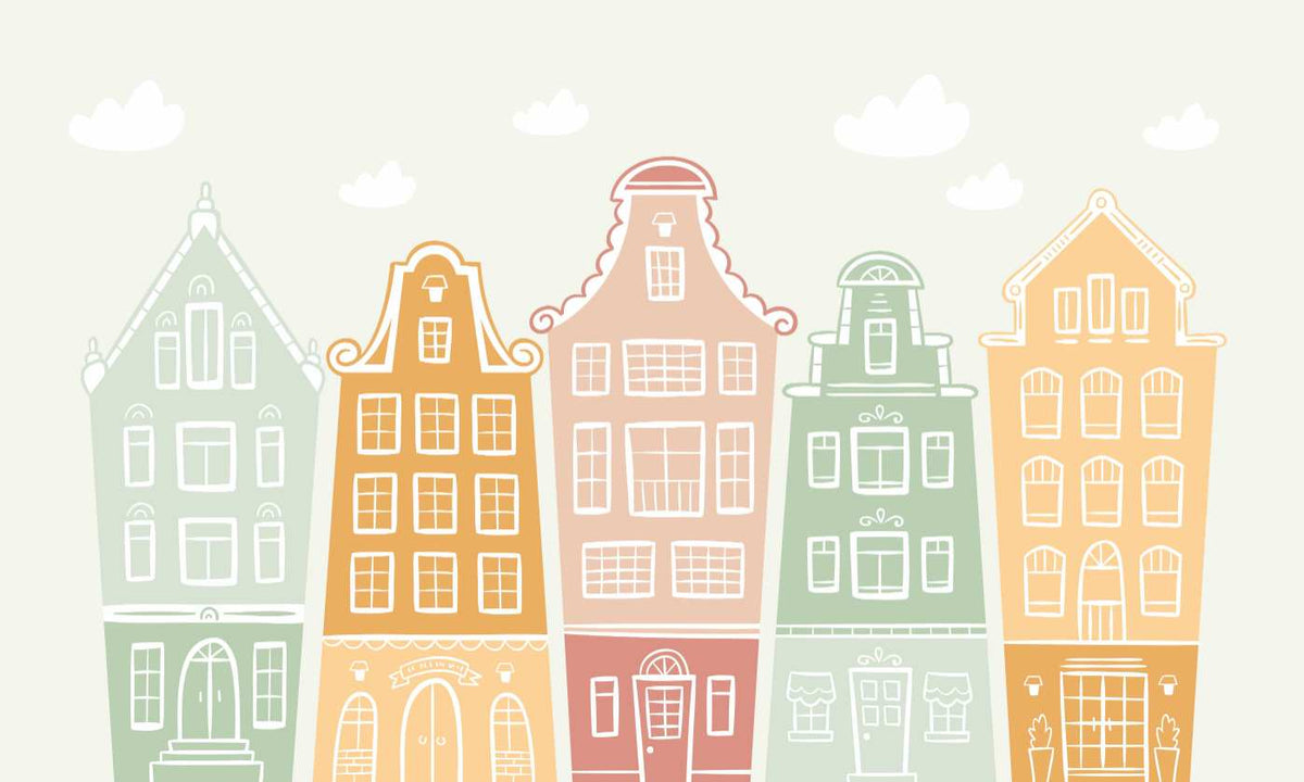 Cololrful Town Houses Kids Room Wallpaper in your room — zoomed