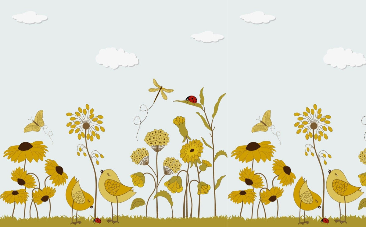 Birds with Yellow Color Flower Wallpaper Murals