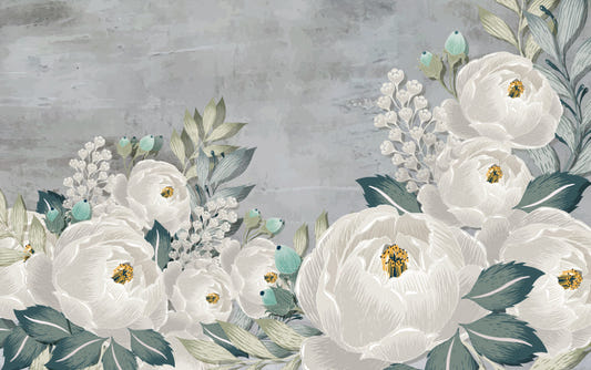 Drawn gray peonies on gray grunge wallpaper