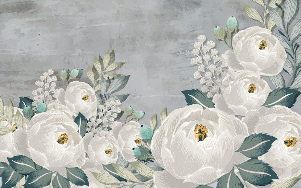 Drawn gray peonies on gray grunge wallpaper