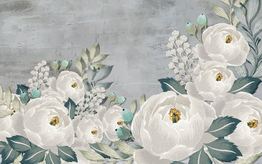 Drawn gray peonies on gray grunge wallpaper