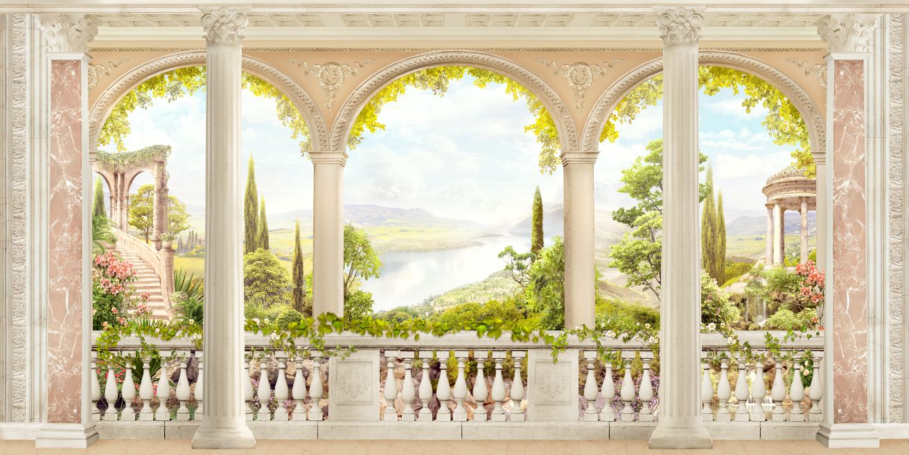 Antique Landscape Balcony View Wallpaper