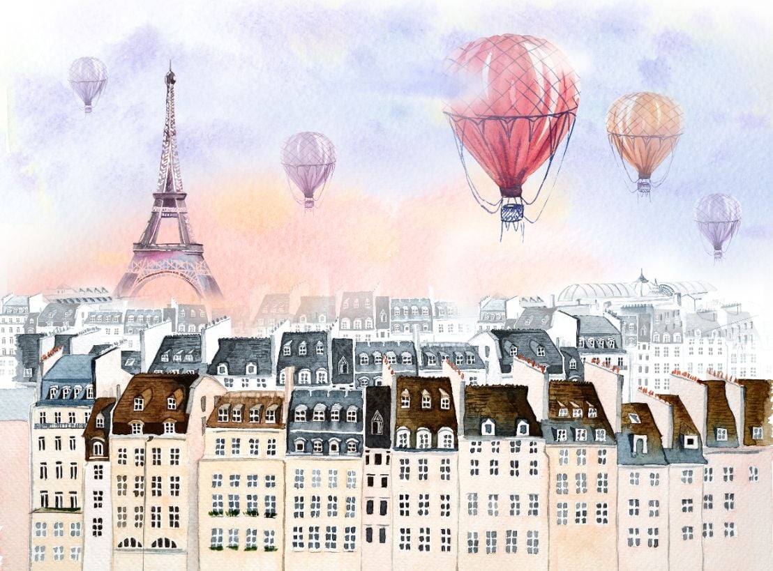 Watercolor Paris with hot air balloon Wallpaper Murals