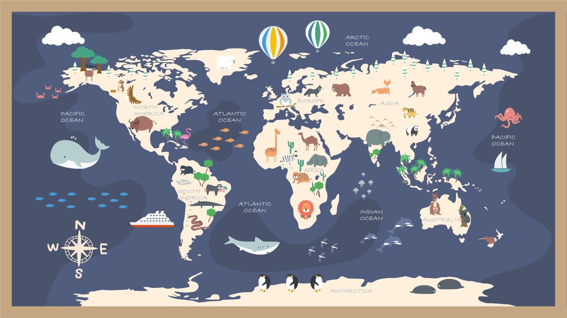 Kids World Map with Cartoon Wallpaper Mural