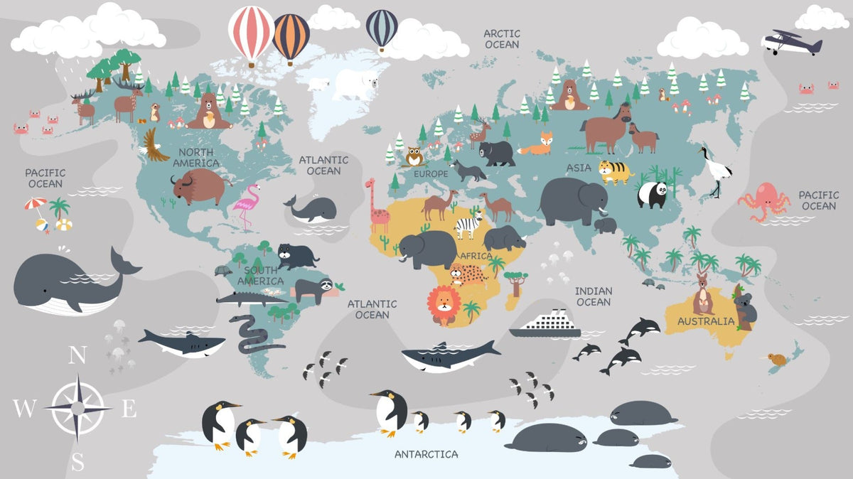 Children's World Map Wallpaper in your room — zoomed