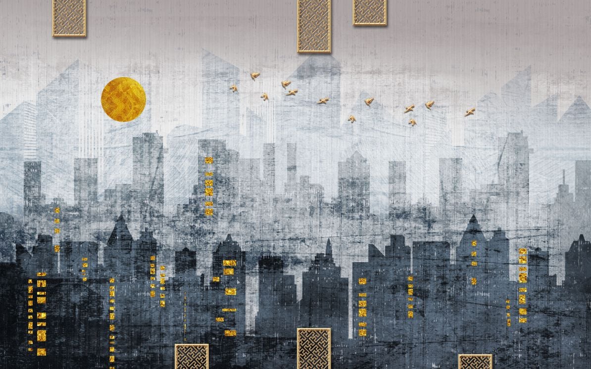 Silhouette Modern City Blue Color Wallpaper