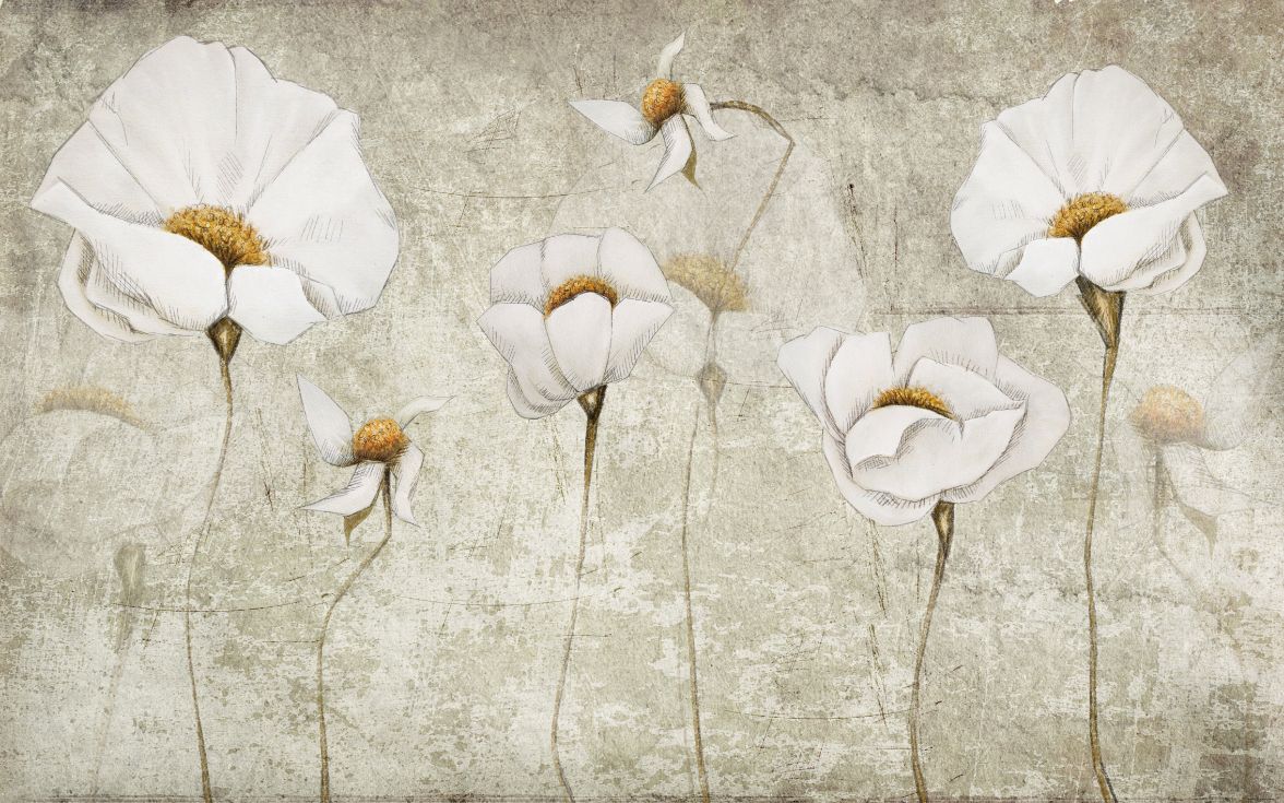 White Color Wide Grunge Flower Wallpaper