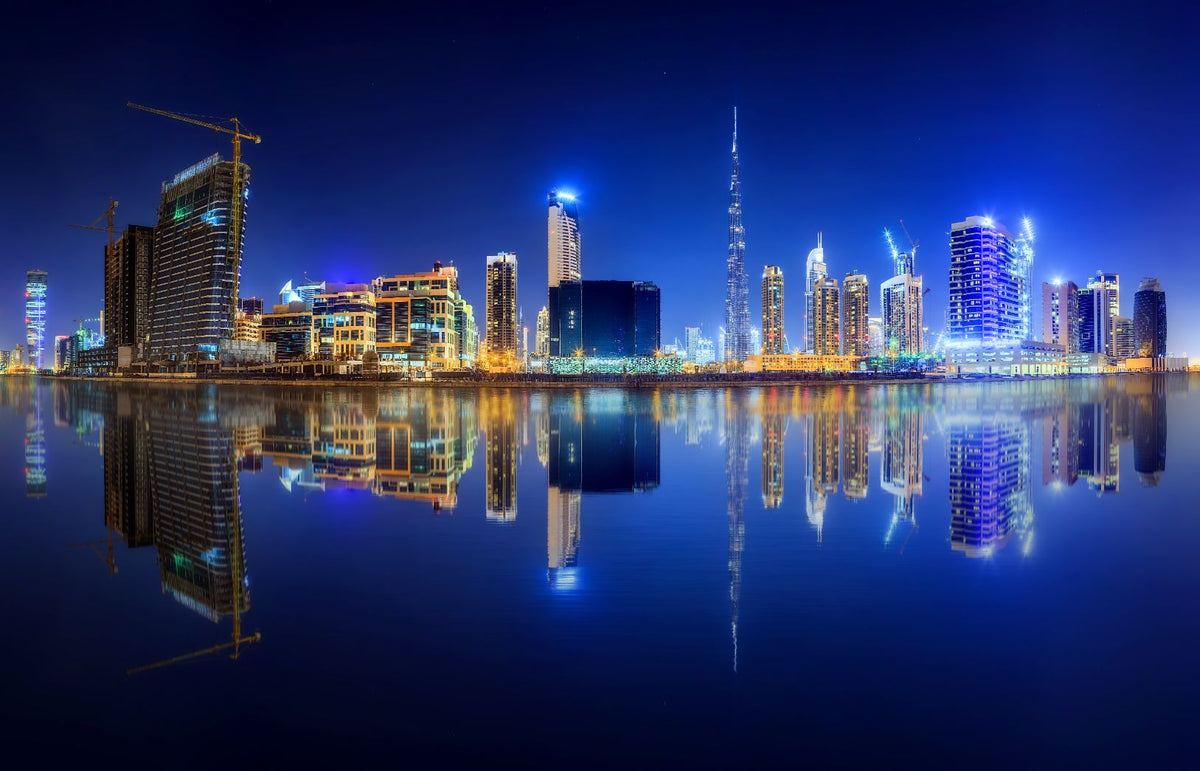 Reflection Panoramic Dubai Night City Wallpaper in your room — zoomed