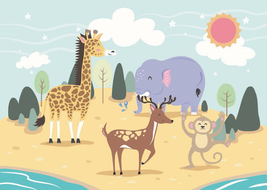 Kids Room Animal Playing on Island Cartoon Wallpaper