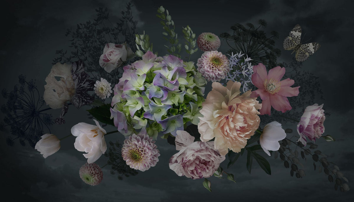 Bouquet Peonies Flower on Black Background Wallpaper Murals in your room — zoomed